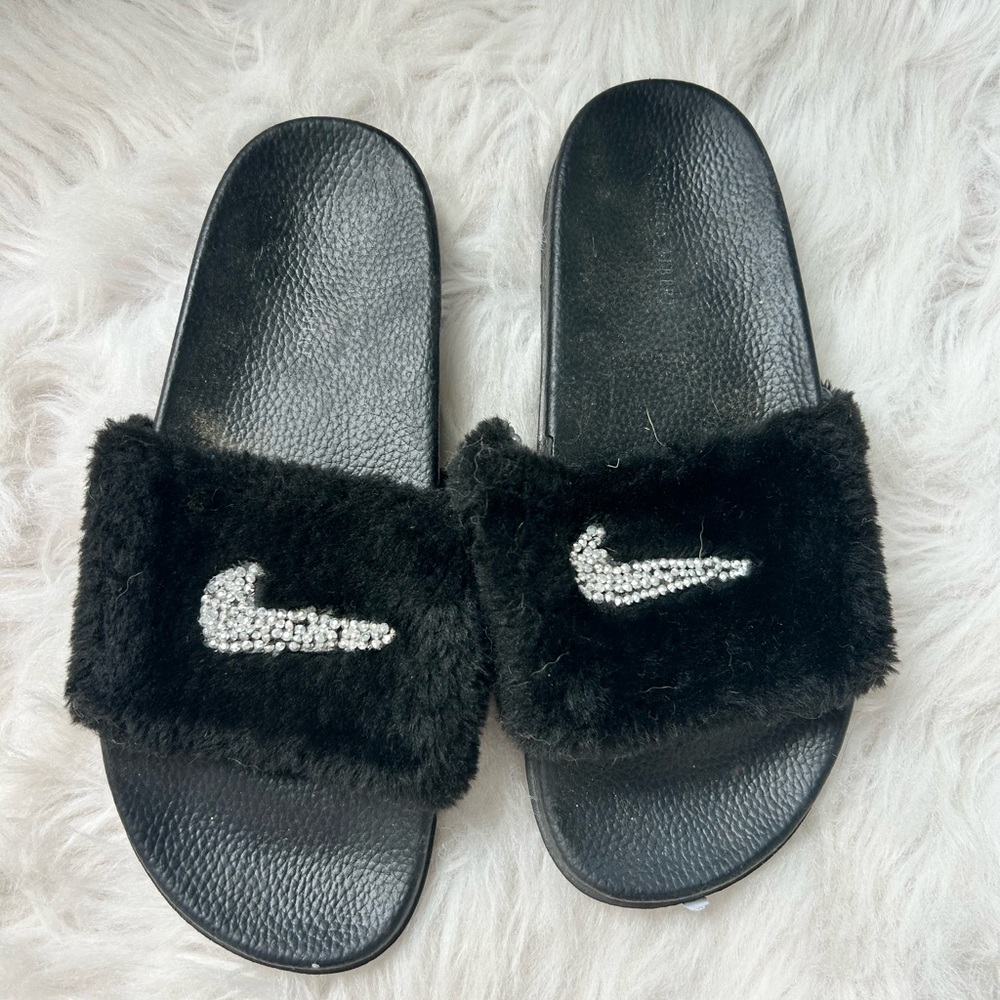 Nike Black Faux Fur Slides with Crystal Swoosh